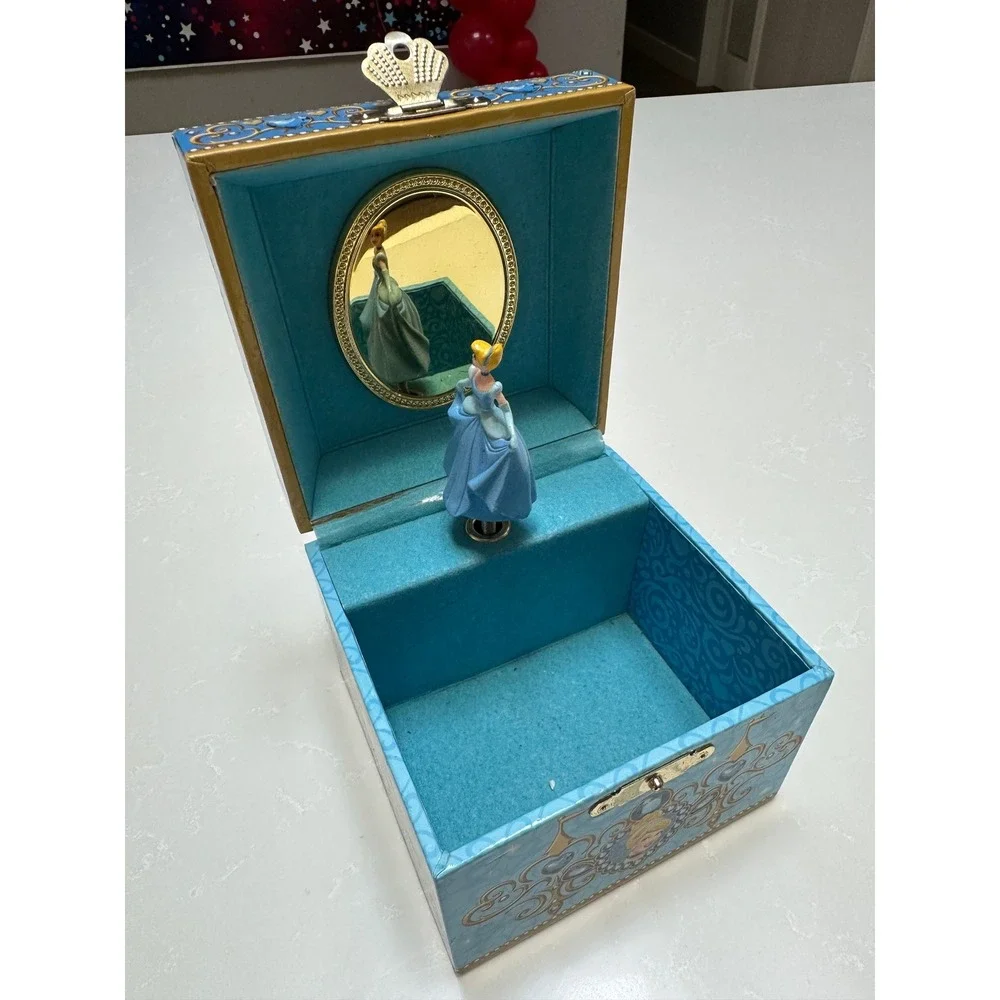 Disney Cinderella Musical Jewelry Box Blue Gold Wind Up Rotating Figurine Mirror